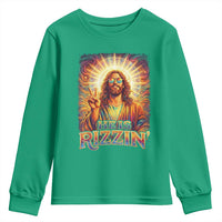 Funny Christian Easter He Is Rizzin Youth Sweatshirt Trendy Jesus Humor with Sunglasses Faith Based Meme Gift