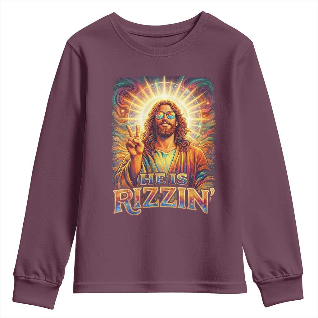 Funny Christian Easter He Is Rizzin Youth Sweatshirt Trendy Jesus Humor with Sunglasses Faith Based Meme Gift