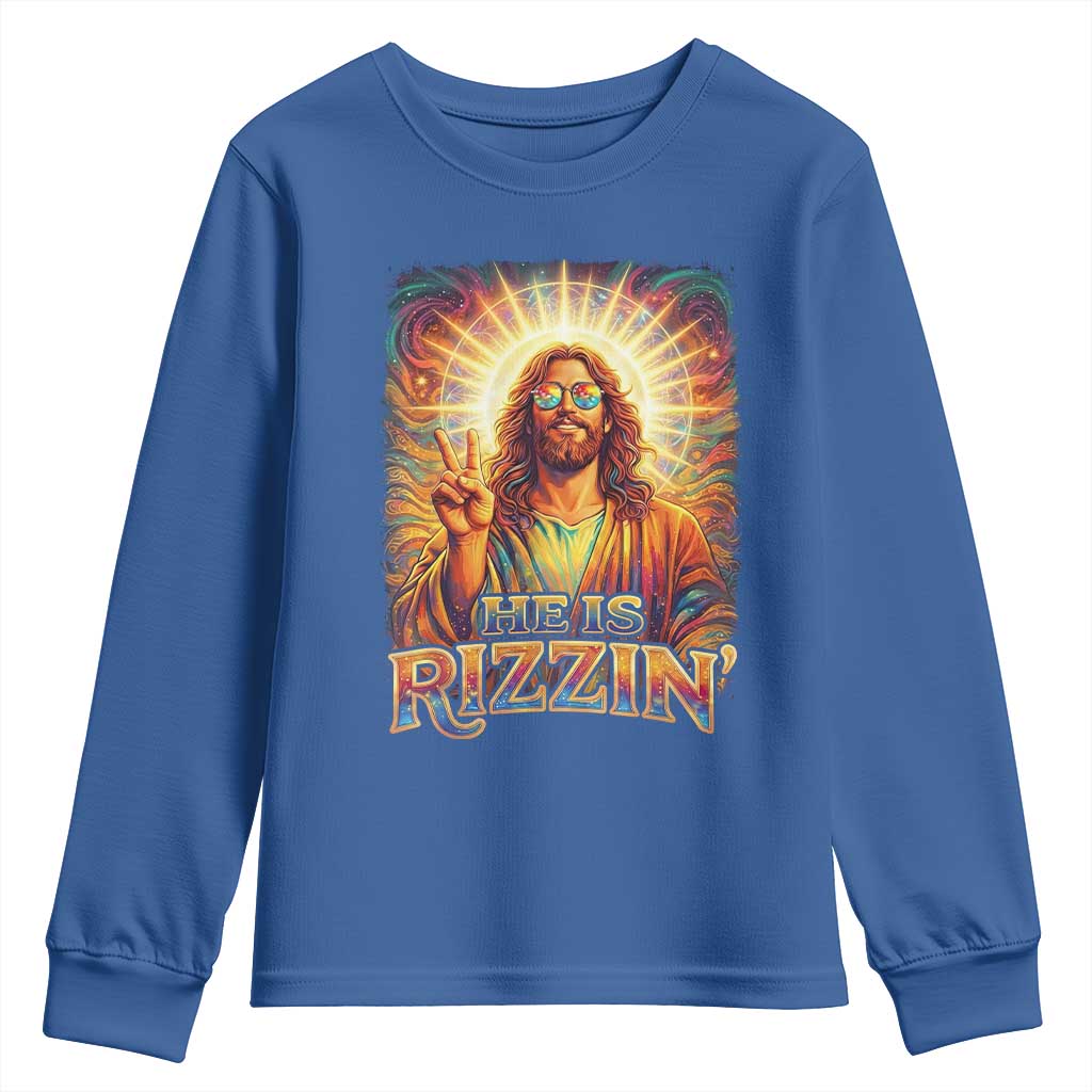 Funny Christian Easter He Is Rizzin Youth Sweatshirt Trendy Jesus Humor with Sunglasses Faith Based Meme Gift