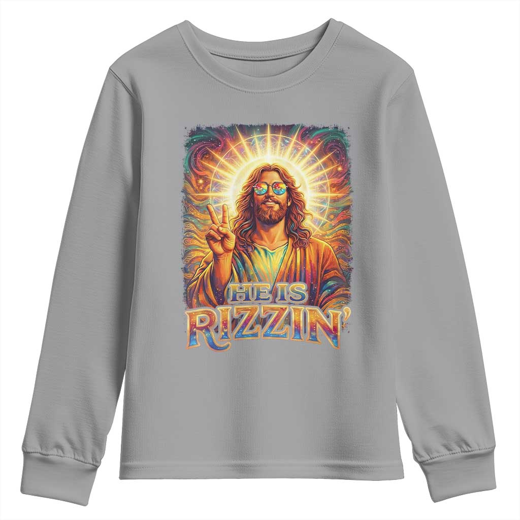 Funny Christian Easter He Is Rizzin Youth Sweatshirt Trendy Jesus Humor with Sunglasses Faith Based Meme Gift