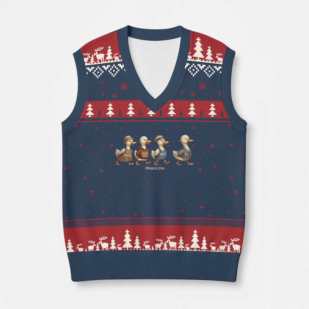 Funny Christian Psalm 23:6 Duck Pun V-Neck Knit Sweater Vest Surely Goodness and Mercy Cute Bible Humor Gift