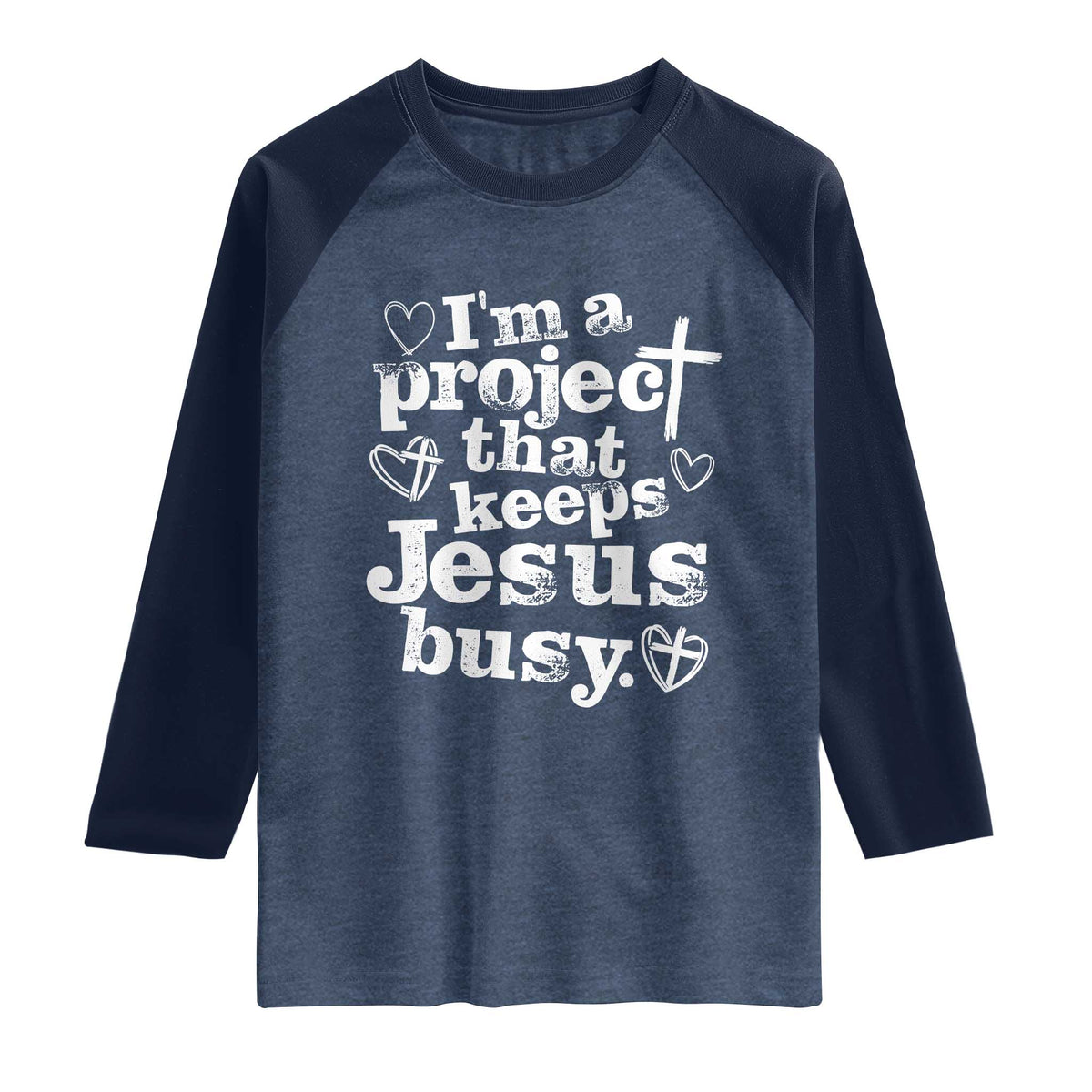 I am a Project That Keeps Jesus Busy Funny Christian Typography Raglan Shirt Faith Humor Inspirational Gift