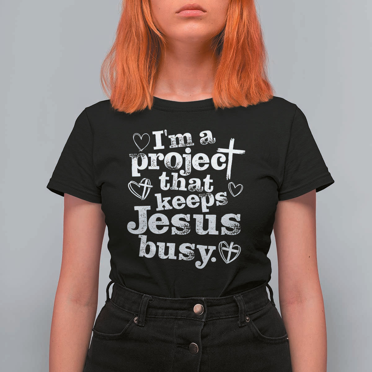 I am a Project That Keeps Jesus Busy Funny Christian Typography T Shirt For Women Faith Humor Inspirational Gift