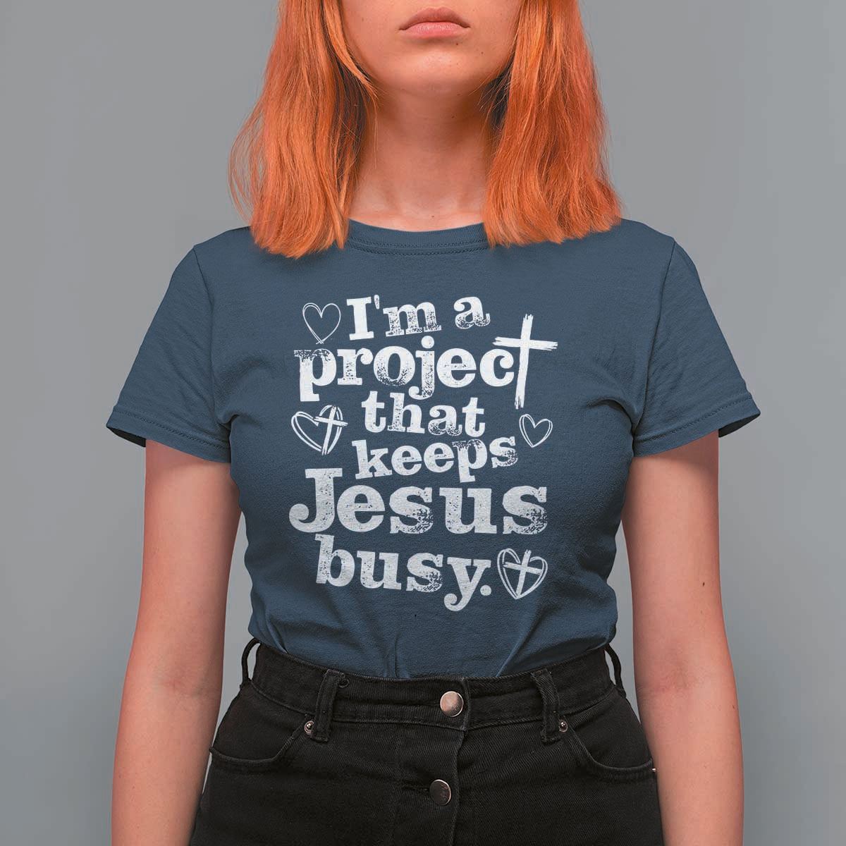 I am a Project That Keeps Jesus Busy Funny Christian Typography T Shirt For Women Faith Humor Inspirational Gift