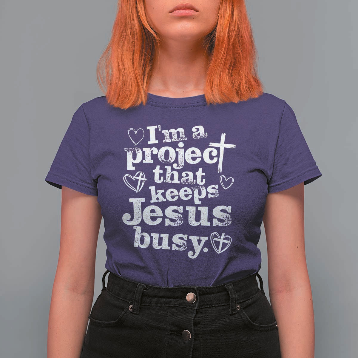 I am a Project That Keeps Jesus Busy Funny Christian Typography T Shirt For Women Faith Humor Inspirational Gift