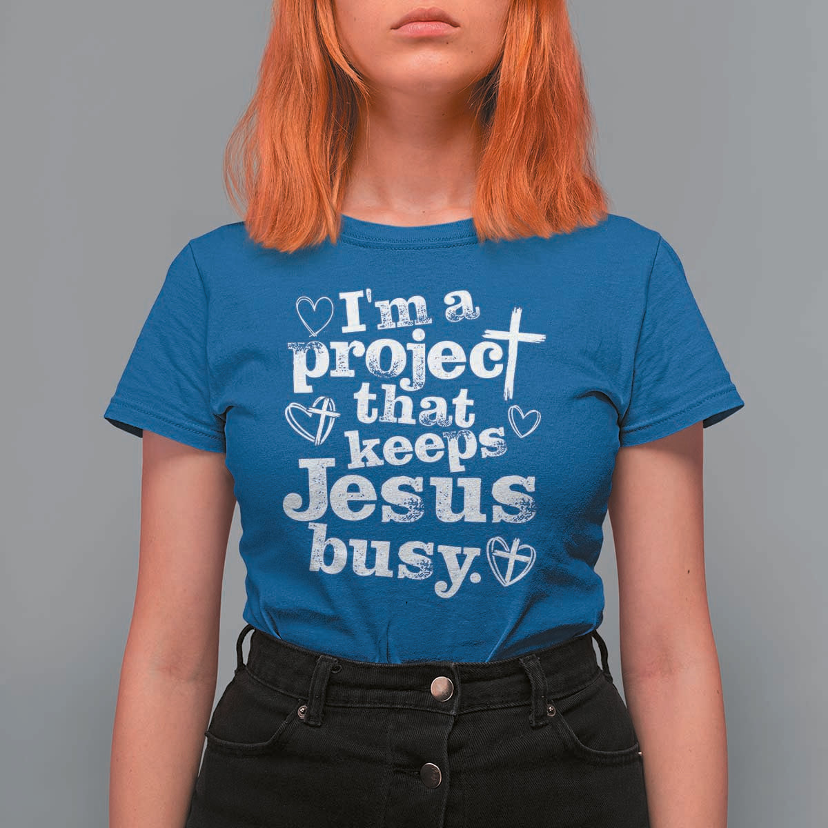 I am a Project That Keeps Jesus Busy Funny Christian Typography T Shirt For Women Faith Humor Inspirational Gift
