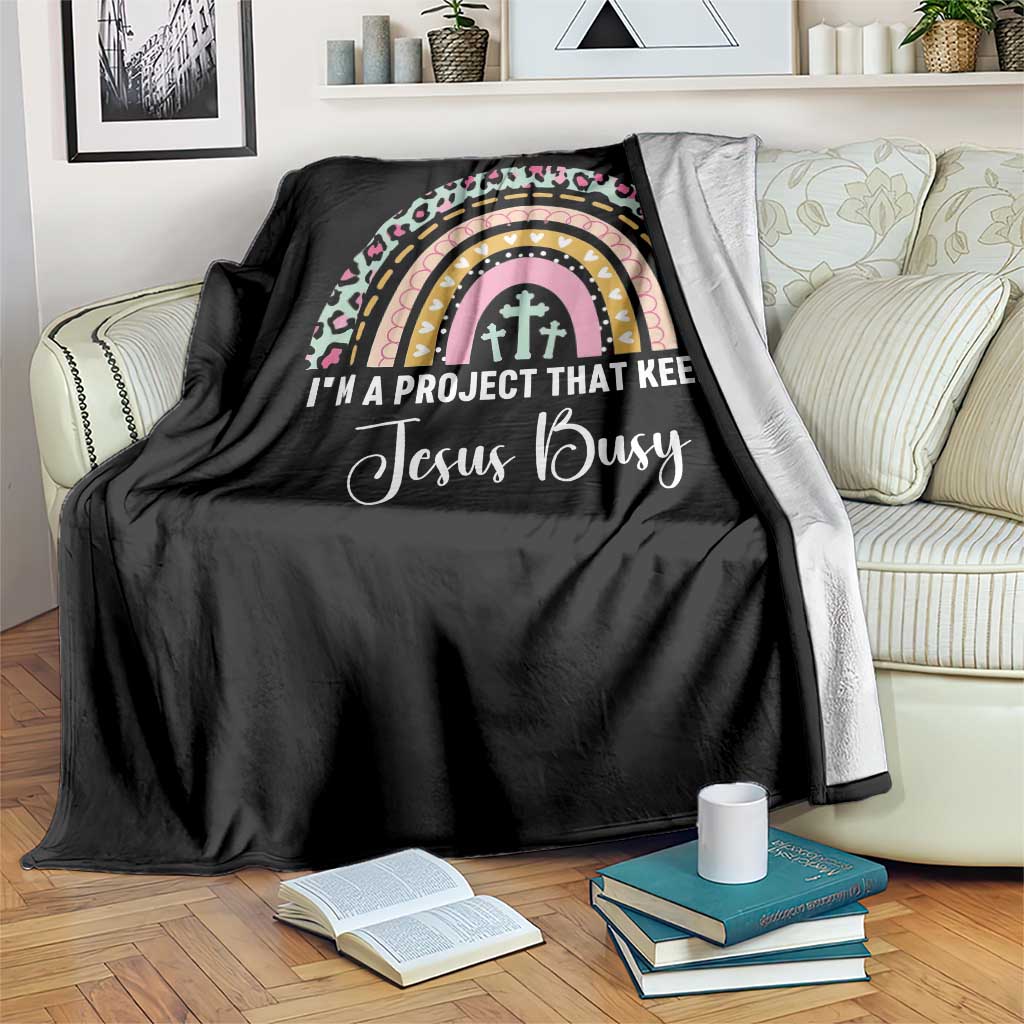 I am a Project That Keeps Jesus Busy Rainbow Cross Throw Blanket Cute Christian Faith Humor