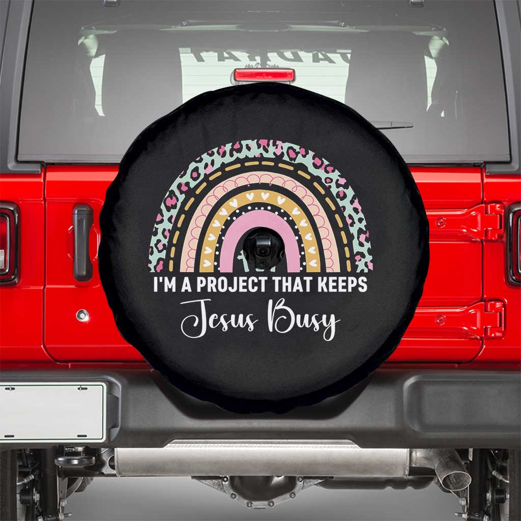 I am a Project That Keeps Jesus Busy Rainbow Cross Spare Tire Cover Cute Christian Faith Humor