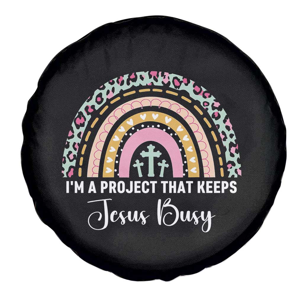 I am a Project That Keeps Jesus Busy Rainbow Cross Spare Tire Cover Cute Christian Faith Humor