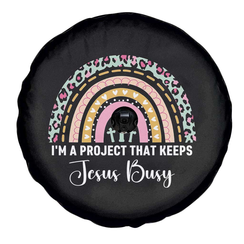 I am a Project That Keeps Jesus Busy Rainbow Cross Spare Tire Cover Cute Christian Faith Humor