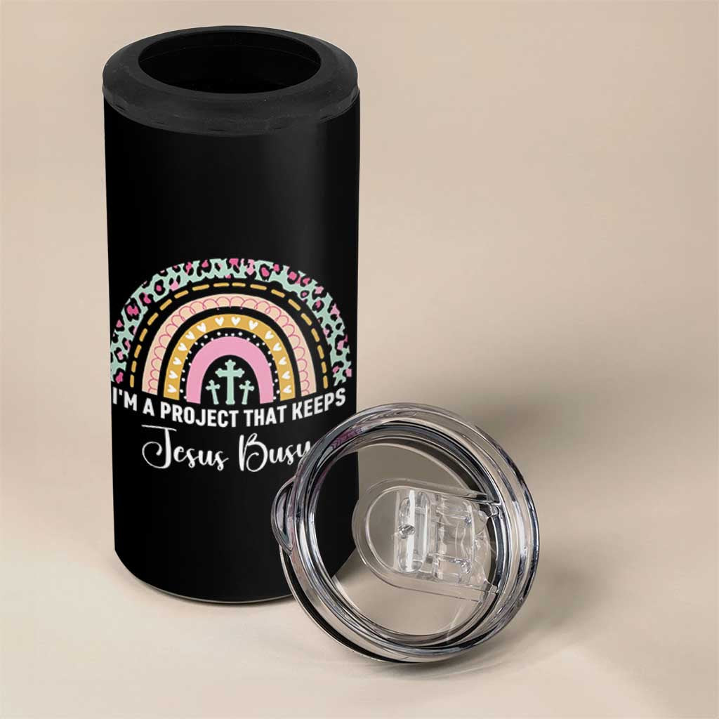I am a Project That Keeps Jesus Busy Rainbow Cross 4 in 1 Can Cooler Tumbler Cute Christian Faith Humor