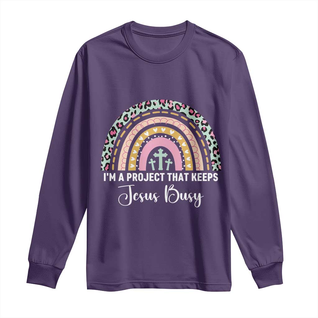 ’m a Project That Keeps Jesus Busy Rainbow Cross Long Sleeve Shirt Cute Christian Faith Humor