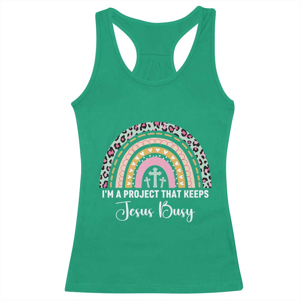 ’m a Project That Keeps Jesus Busy Rainbow Cross Racerback Tank Top Cute Christian Faith Humor