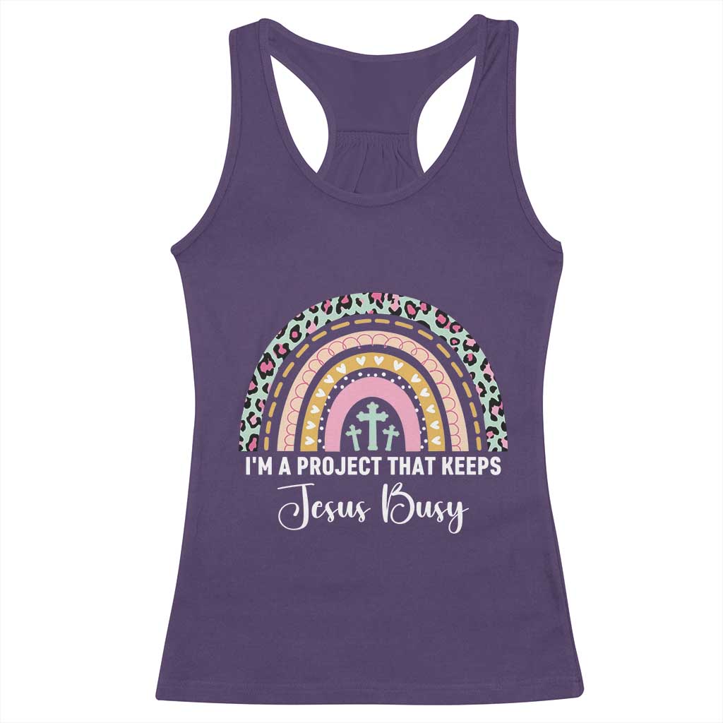 ’m a Project That Keeps Jesus Busy Rainbow Cross Racerback Tank Top Cute Christian Faith Humor