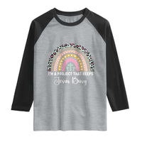 I am a Project That Keeps Jesus Busy Rainbow Cross Raglan Shirt Cute Christian Faith Humor