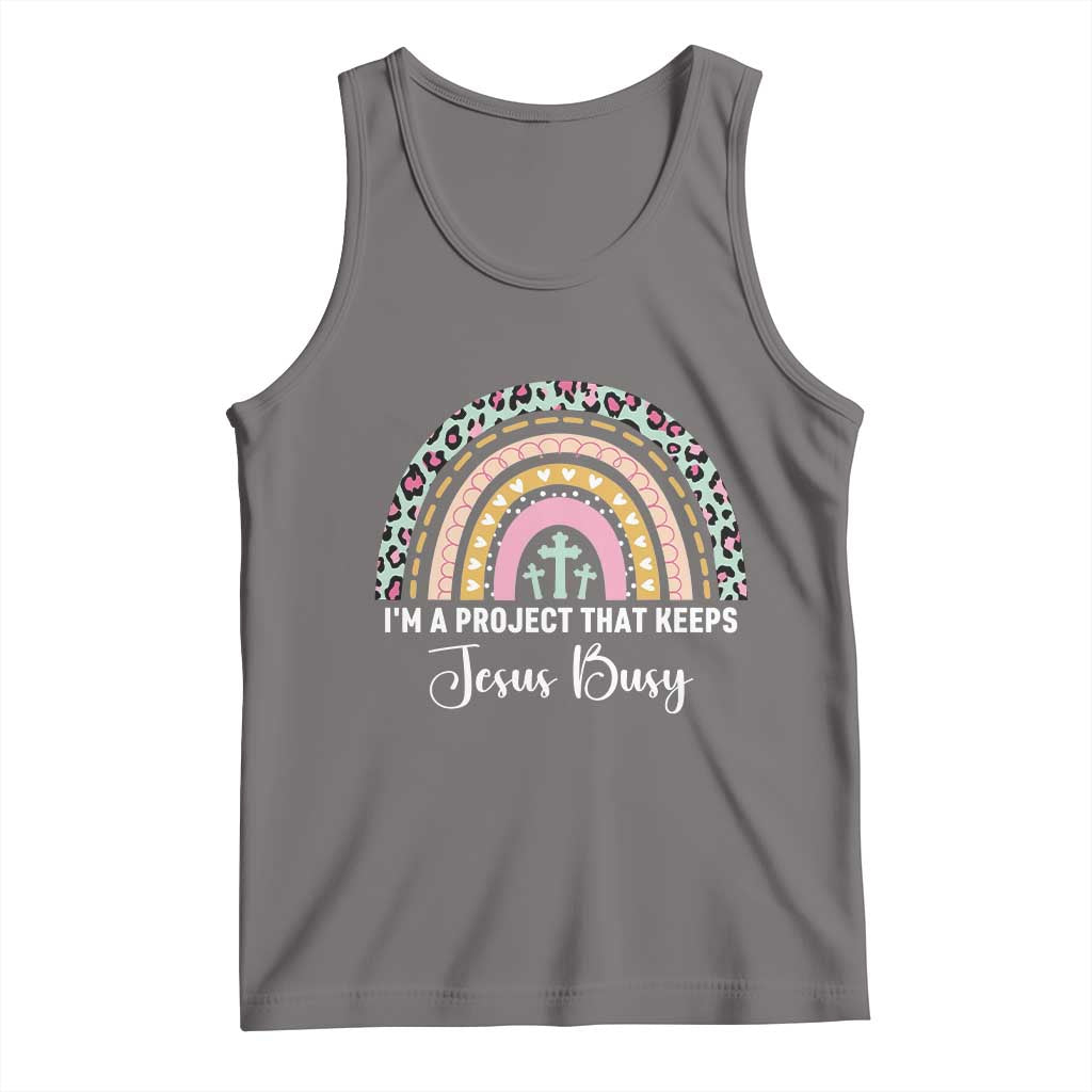 I am a Project That Keeps Jesus Busy Rainbow Cross Tank Top Cute Christian Faith Humor