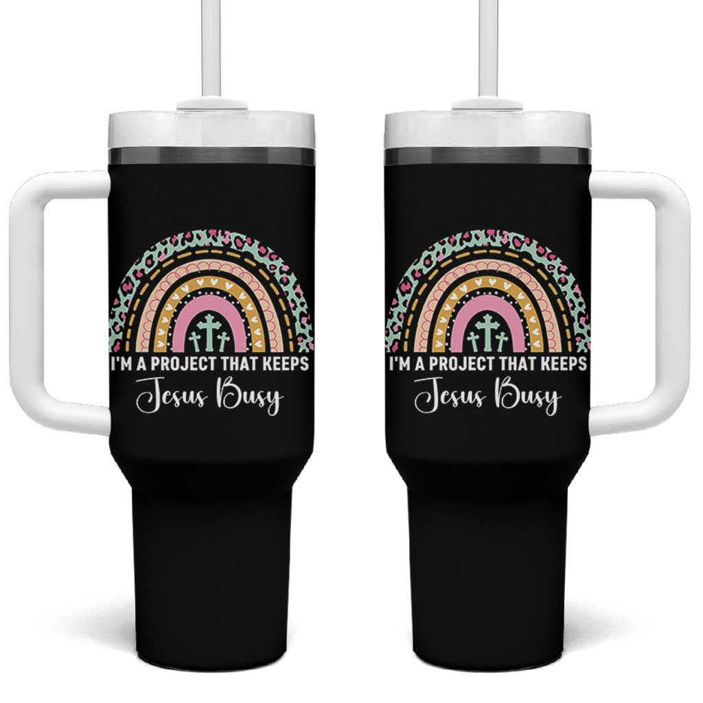I am a Project That Keeps Jesus Busy Rainbow Cross Tumbler With Handle Cute Christian Faith Humor