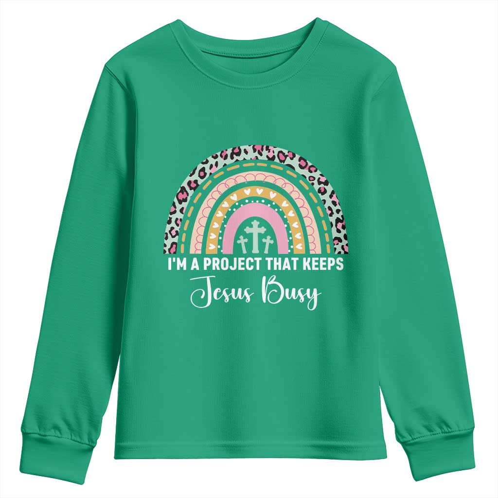 ’m a Project That Keeps Jesus Busy Rainbow Cross Youth Sweatshirt Cute Christian Faith Humor