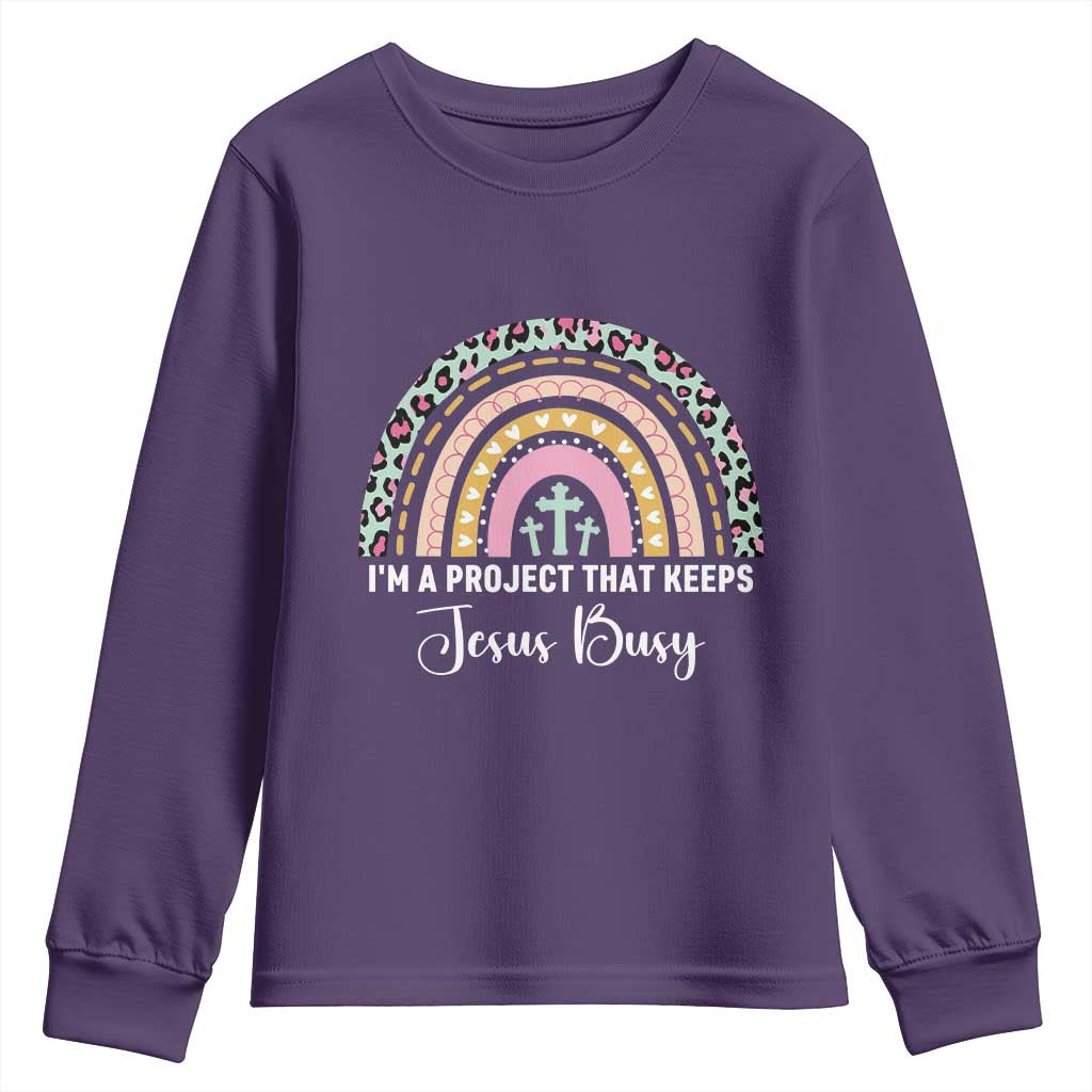 ’m a Project That Keeps Jesus Busy Rainbow Cross Youth Sweatshirt Cute Christian Faith Humor