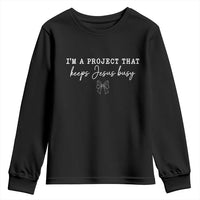 I’m a Project That Keeps Jesus Busy Coquette Bow Youth Sweatshirt Christian Faith Humor