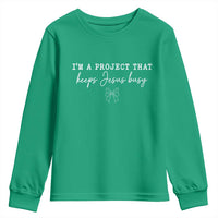 I’m a Project That Keeps Jesus Busy Coquette Bow Youth Sweatshirt Christian Faith Humor