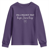 I’m a Project That Keeps Jesus Busy Coquette Bow Youth Sweatshirt Christian Faith Humor