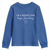 I’m a Project That Keeps Jesus Busy Coquette Bow Youth Sweatshirt Christian Faith Humor