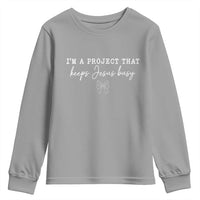 I’m a Project That Keeps Jesus Busy Coquette Bow Youth Sweatshirt Christian Faith Humor