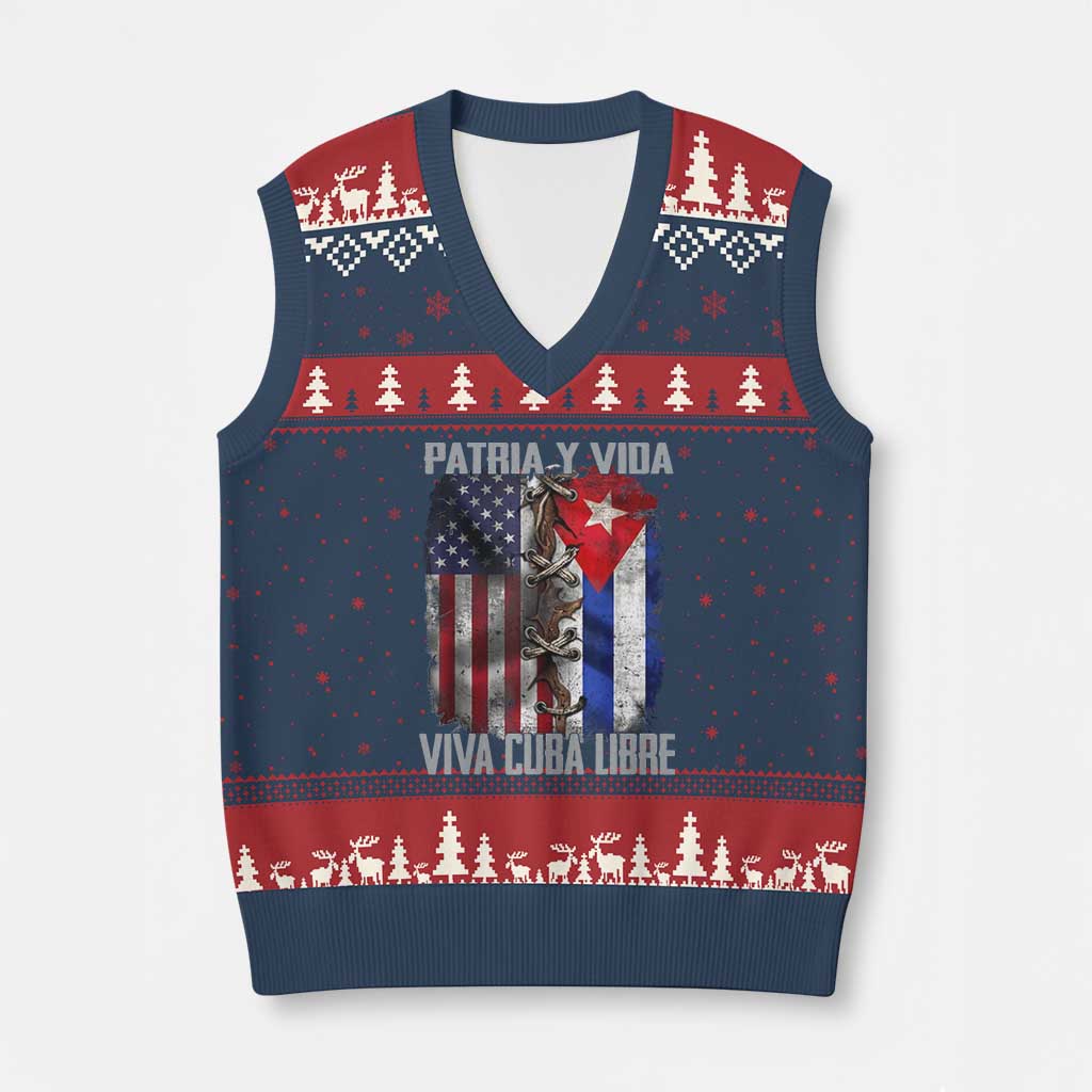 Patria y Vida Cuba Libre Freedom V-Neck Knit Sweater Vest Cuban Pride Independence USA Cuba Flag