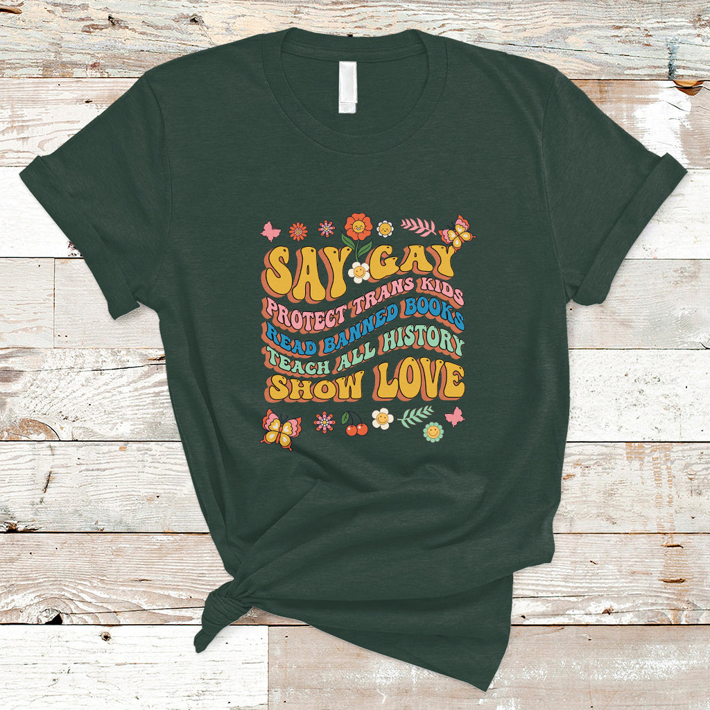 Retro Groovy T Shirt Say Gay Protect Trans Kids Read Banned Books Lgbt Groovy - Wonder Print Shop