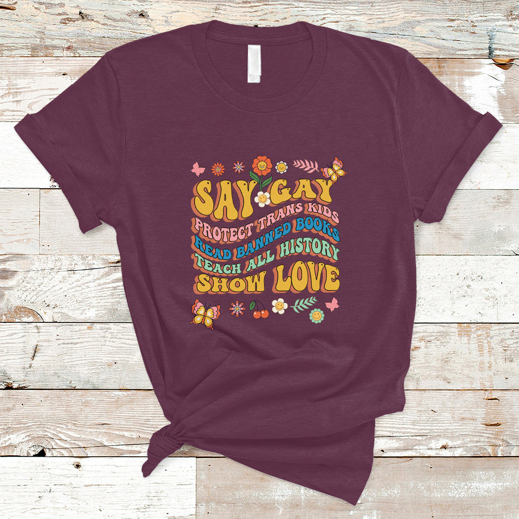 Retro Groovy T Shirt Say Gay Protect Trans Kids Read Banned Books Lgbt Groovy - Wonder Print Shop
