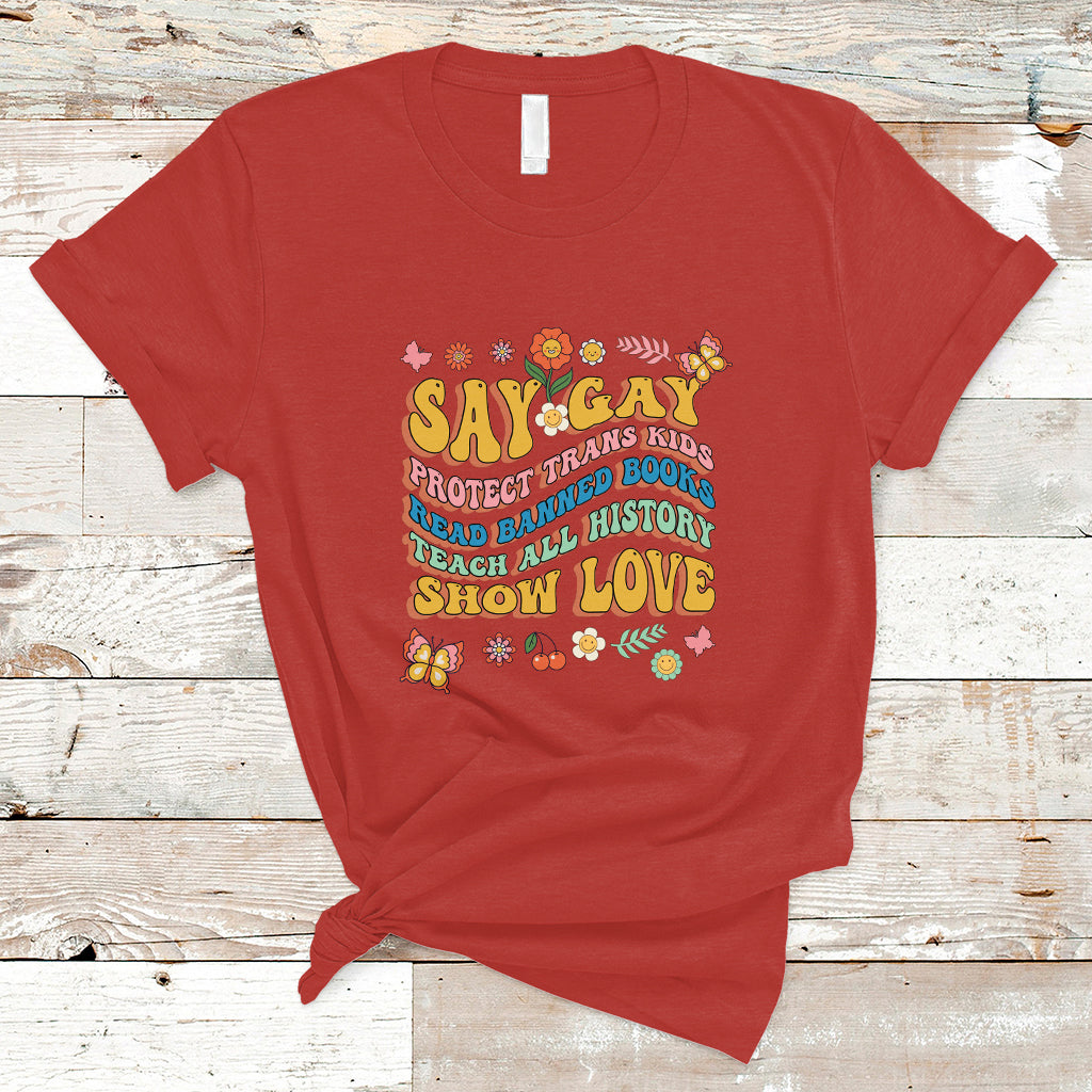 Retro Groovy T Shirt Say Gay Protect Trans Kids Read Banned Books Lgbt Groovy - Wonder Print Shop