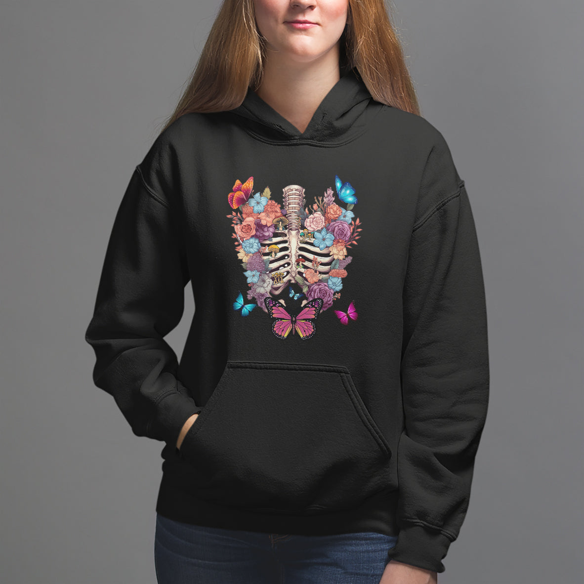 Cottagecore Hoodie Vintage Goblincore Dark Academia Skeleton with Flowers Cottagecore Style Nature Inspired Botanical - Wonder Print Shop