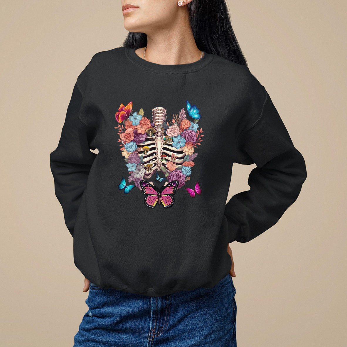 Cottagecore Sweatshirt Vintage Goblincore Dark Academia Skeleton with Flowers Cottagecore Style Nature Inspired Botanical - Wonder Print Shop