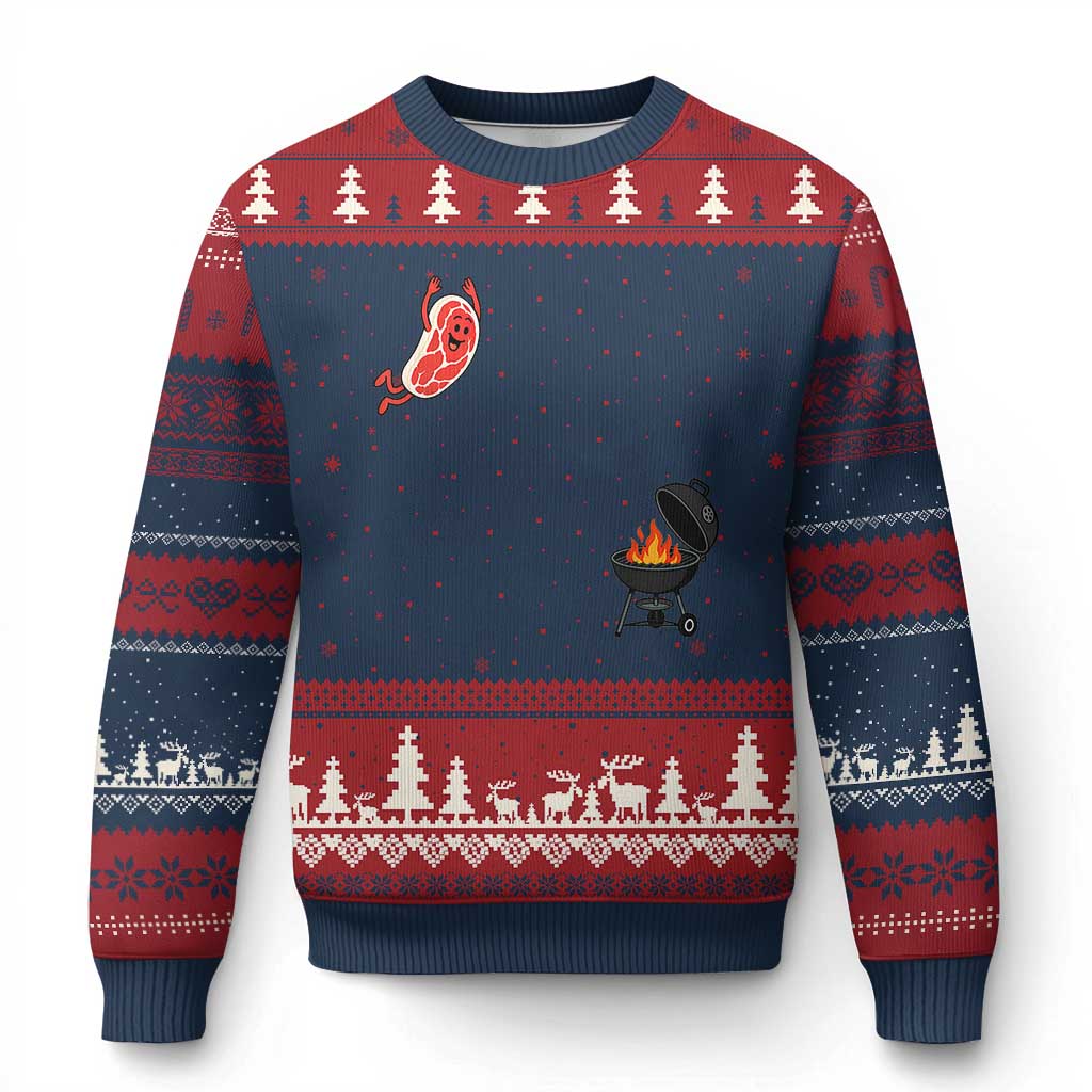 Humorous Diving Steak Charcoal Grill Graphic Ugly Christmas Sweater BBQ Grilling Pitmaster Cookout Funny Barbecue Master