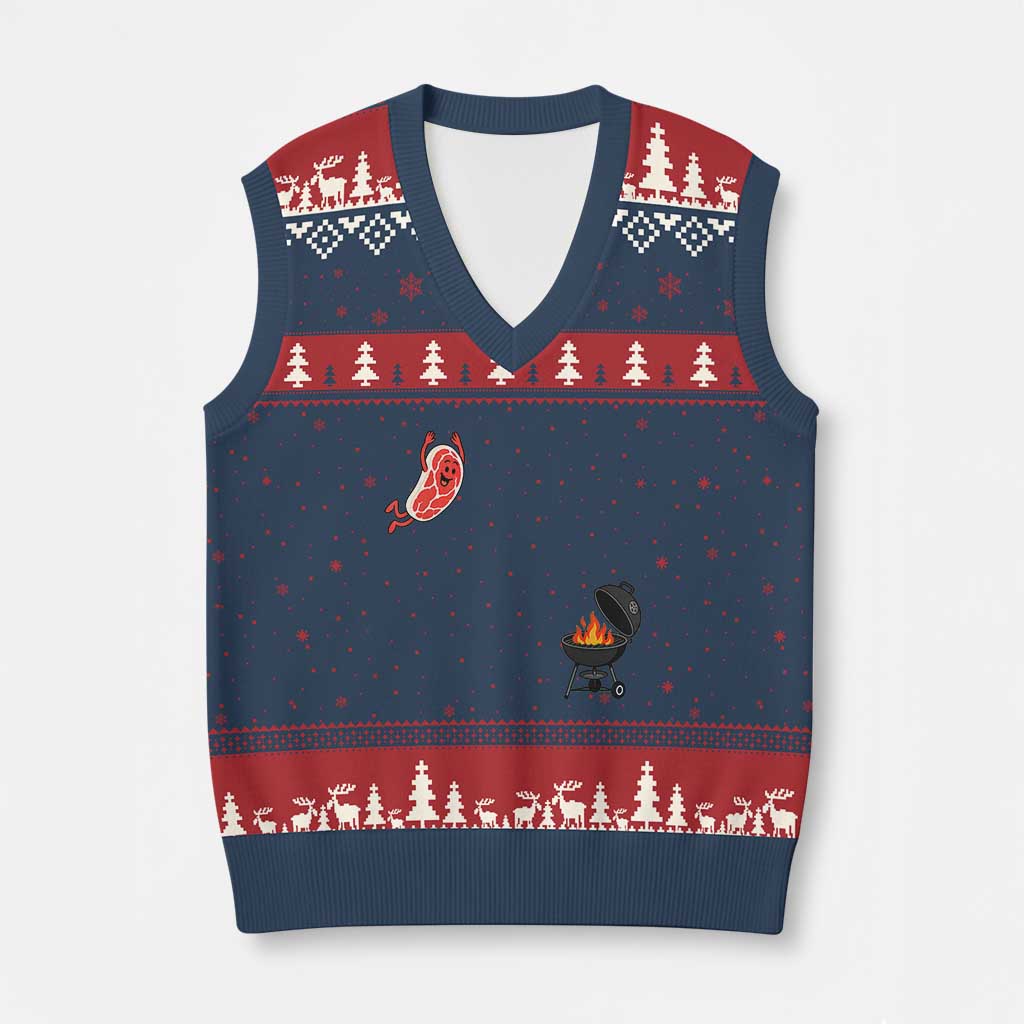 Humorous Diving Steak Charcoal Grill Graphic V-Neck Knit Sweater Vest BBQ Grilling Pitmaster Cookout Funny Barbecue Master