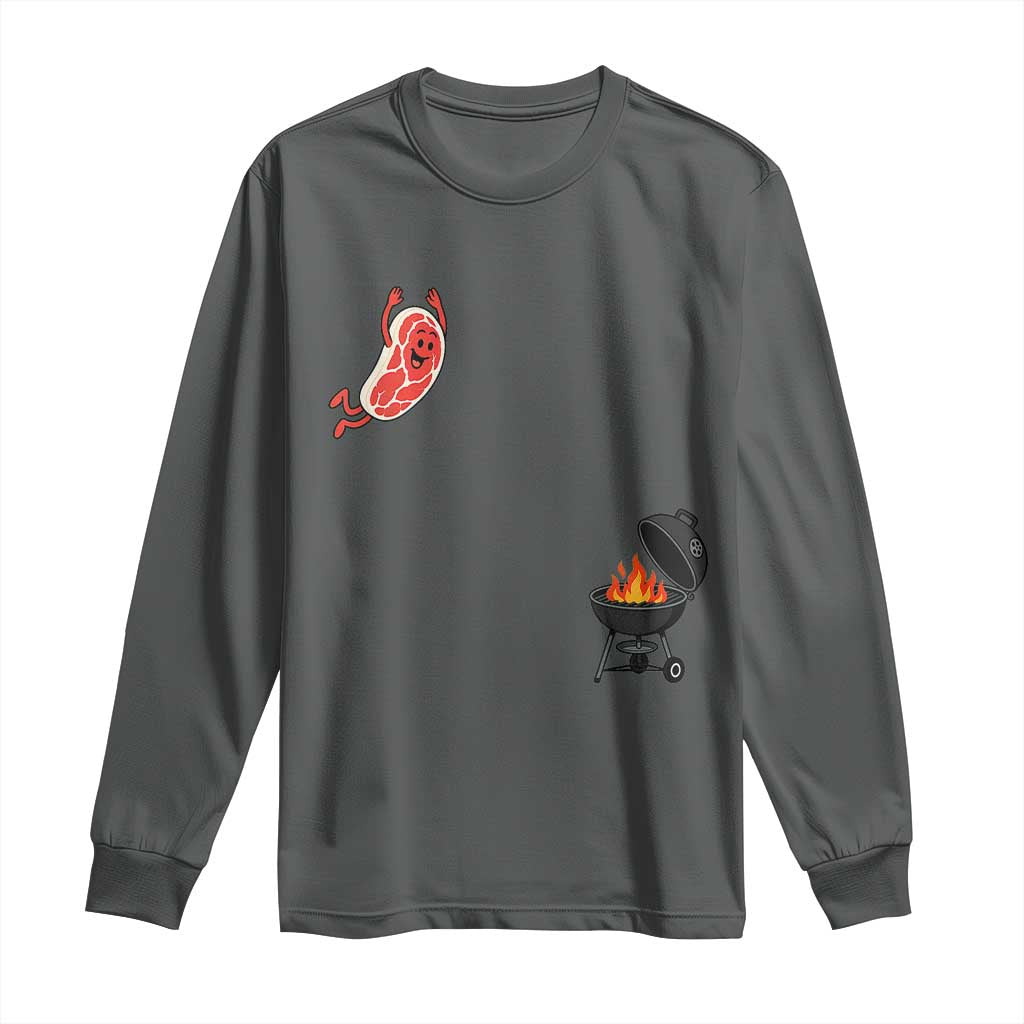 Humorous Diving Steak Charcoal Grill Graphic Long Sleeve Shirt BBQ Grilling Pitmaster Cookout Funny Barbecue Master