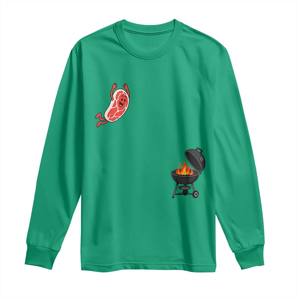 Humorous Diving Steak Charcoal Grill Graphic Long Sleeve Shirt BBQ Grilling Pitmaster Cookout Funny Barbecue Master