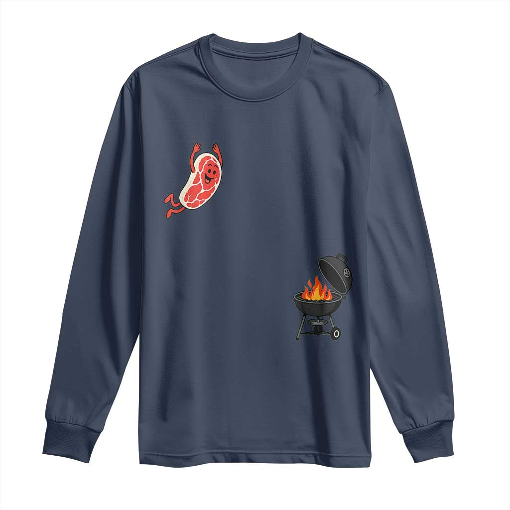 Humorous Diving Steak Charcoal Grill Graphic Long Sleeve Shirt BBQ Grilling Pitmaster Cookout Funny Barbecue Master