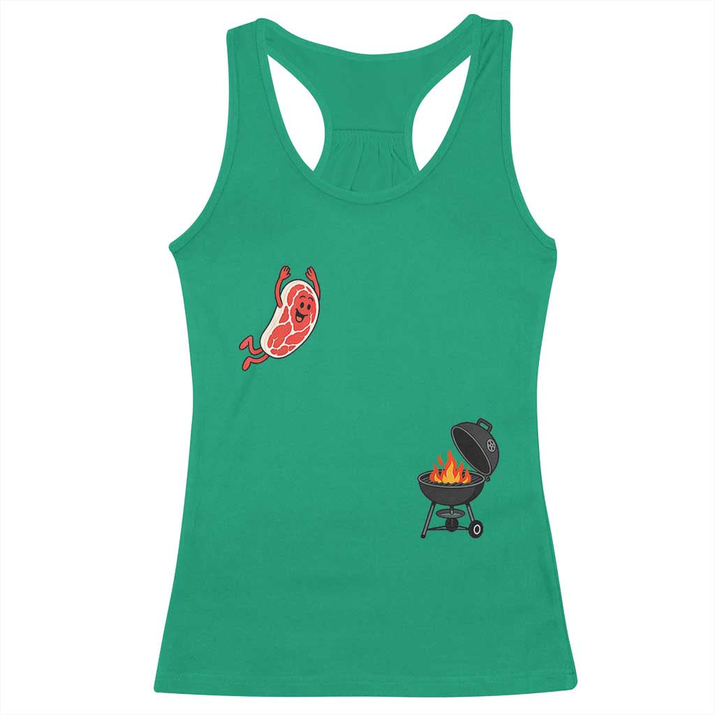 Humorous Diving Steak Charcoal Grill Graphic Racerback Tank Top BBQ Grilling Pitmaster Cookout Funny Barbecue Master