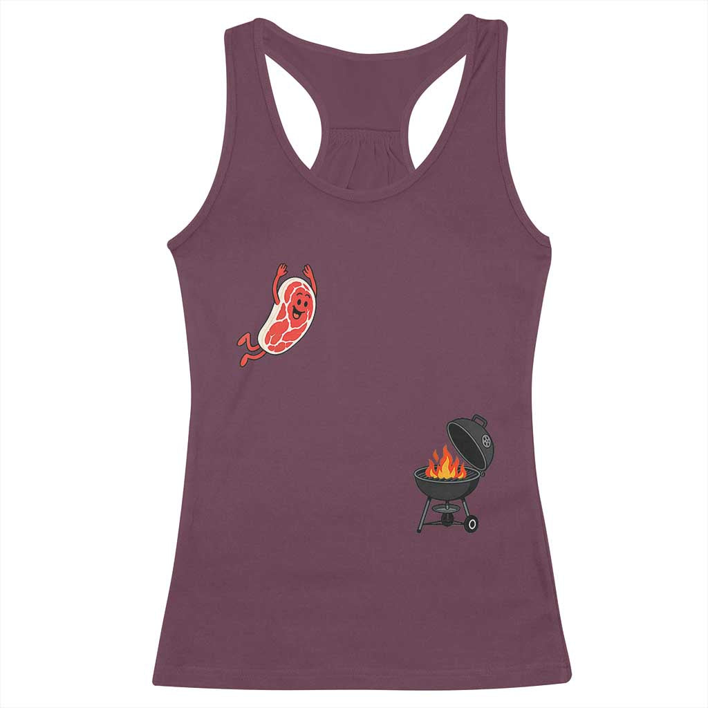 Humorous Diving Steak Charcoal Grill Graphic Racerback Tank Top BBQ Grilling Pitmaster Cookout Funny Barbecue Master