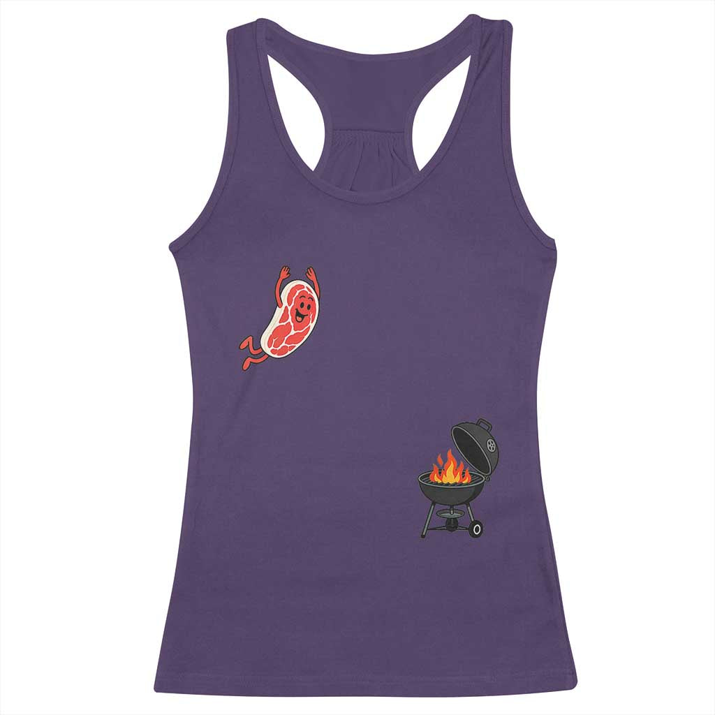 Humorous Diving Steak Charcoal Grill Graphic Racerback Tank Top BBQ Grilling Pitmaster Cookout Funny Barbecue Master