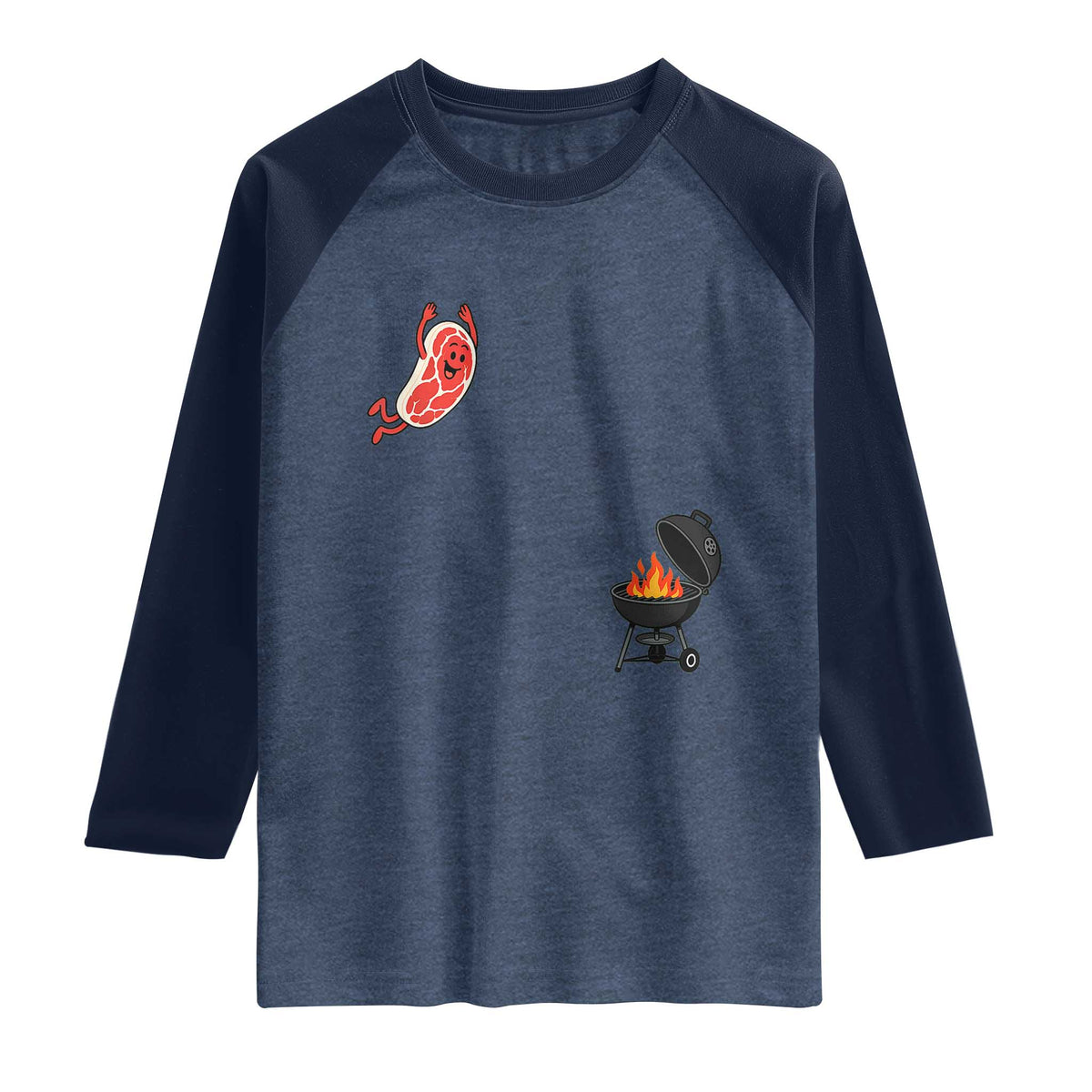 Humorous Diving Steak Charcoal Grill Graphic Raglan Shirt BBQ Grilling Pitmaster Cookout Funny Barbecue Master