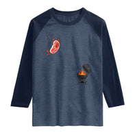 Humorous Diving Steak Charcoal Grill Graphic Raglan Shirt BBQ Grilling Pitmaster Cookout Funny Barbecue Master