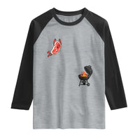 Humorous Diving Steak Charcoal Grill Graphic Raglan Shirt BBQ Grilling Pitmaster Cookout Funny Barbecue Master
