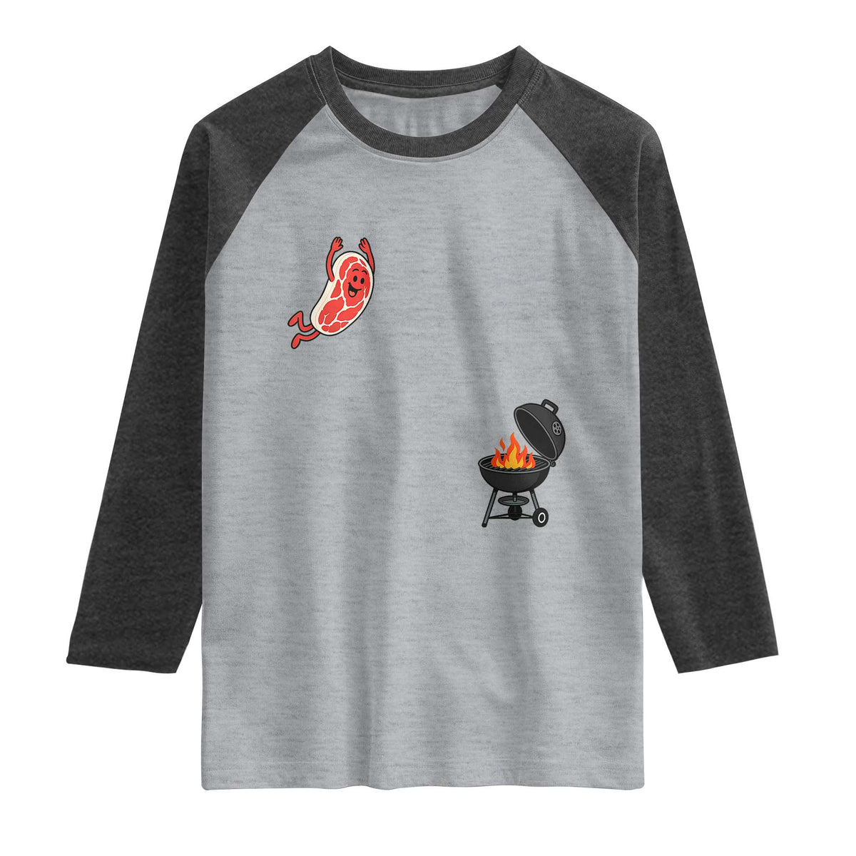 Humorous Diving Steak Charcoal Grill Graphic Raglan Shirt BBQ Grilling Pitmaster Cookout Funny Barbecue Master