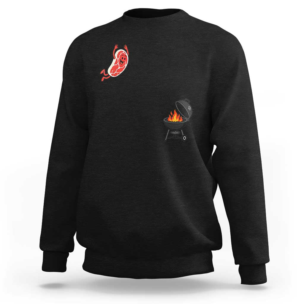 Humorous Diving Steak Charcoal Grill Graphic Sweatshirt BBQ Grilling Pitmaster Cookout Funny Barbecue Master