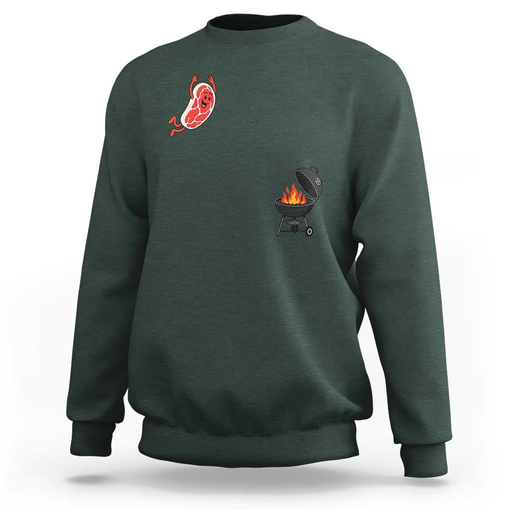 Humorous Diving Steak Charcoal Grill Graphic Sweatshirt BBQ Grilling Pitmaster Cookout Funny Barbecue Master
