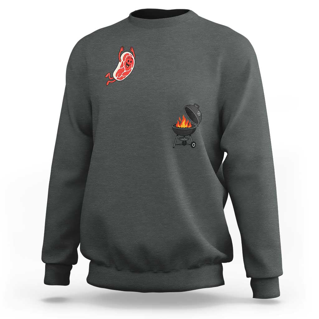 Humorous Diving Steak Charcoal Grill Graphic Sweatshirt BBQ Grilling Pitmaster Cookout Funny Barbecue Master