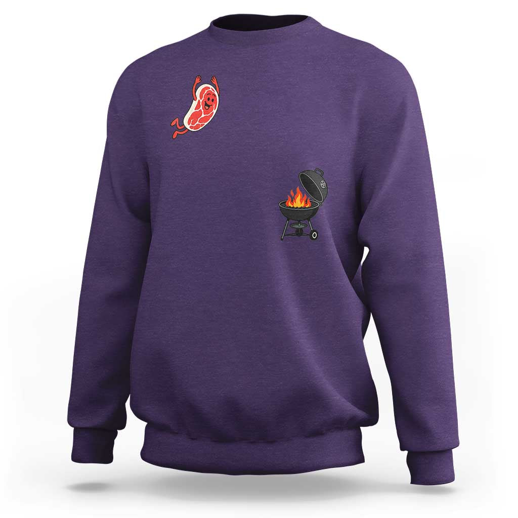 Humorous Diving Steak Charcoal Grill Graphic Sweatshirt BBQ Grilling Pitmaster Cookout Funny Barbecue Master